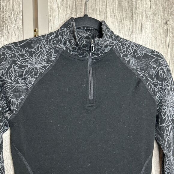 Smartwool Top Merino Wool Black Gray Floral Print 1/4 Zip Mock Neck Size S - Picture 2 of 7